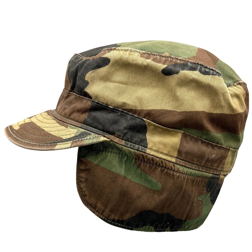 Vintage 80s Military Woodland Camouflage Pattern Cap Ear Flaps Winter Hat 7 Mens